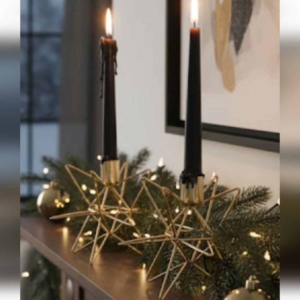 Pair of Taper Gold Brass Star Metal Candle Holders - Wedding Decor
